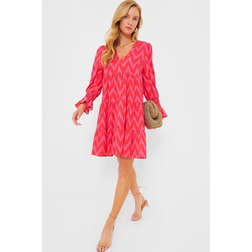 Pomander Place Tuckernuck Dress Ikat Kenzo S Hot Pink Red Tiered Flowy Vacation - Picture 2 of 11
